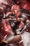  1girl arm_guards armor armpits asymmetrical_hair breastplate elbow_gloves feathers final_fantasy final_fantasy_xiii final_fantasy_xiii-2 gloves greaves justine_tutubi lightning_farron magic_circle pink_hair pteruges shoulder_pads solo weapon 