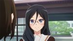  2girls animated animated_gif black_hair blue_eyes blush glasses hibike!_euphonium multiple_girls one_eye_closed red-framed_glasses school_uniform serafuku smile talking tanaka_asuka wink 