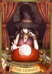  black_hair book bracelet breasts cleavage hat jewelry long_nails looking_at_viewer mr._yvk original pillow red_eyes smile star_(symbol) tattoo witch witch_hat 