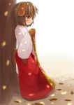  1girl brown_hair dog female full_body furry japanese_clothes leaf miko outdoors shiyune short_hair solo tree 