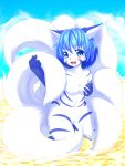  1girl animal_ears blue_eyes blue_hair blush breast_hold breasts cat female fox_ears fox_tail furry kneeling looking_at_viewer multiple_tails navel nude open_mouth original shiyune short_hair sky smile solo striped syane_(schnell854) tail 