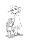  1girl beagle blush child collar dog hat ike_(altitude_attitude) looking_at_viewer monochrome original sandals short_hair simple_background solo white_background 
