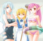  3girls alternate_costume anri_(shining_force) bare_shoulders bikini blonde_hair blue_eyes blush breasts brown_eyes chip_(shining_force) dress elf fan female long_hair maid maid_headdress mop multiple_girls navel parted_lips pink_hair pointy_ears ponytail sega shining_(series) shining_force_1 silver_hair simple_background smile swimsuit tao_(shining_force) yellow_eyes 