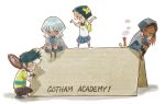  1boy 3girls backpack bag batman_(series) black_hair blazer brother_and_sister brown_hair candle chibi chin_rest copyright_name dark_skin dc_comics gotham_academy hood kyle_mizoguchi maps_mizoguchi multiple_girls necktie olive_silverlock pantyhose placard plaid plaid_skirt pomeline_fritch purple_hair red_eyes school_uniform shirt short_hair siblings sign sitting skirt sweater_vest t-shirt tennis_racket torn_pantyhose visor 