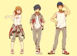  1girl 2boys aiwatan arisato_minato atlus baseball_cap blue_hair brown_hair hair_ornament hair_over_one_eye hairclip hat iori_junpei jacket jersey megami_tensei multiple_boys open_clothes open_jacket persona persona_3 shin_megami_tensei shoes short_hair sleeves_rolled_up sneakers takeba_yukari yuuki_makoto 