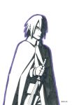  1boy cloak fingerless_gloves gloves hair_over_one_eye kishimoto_masashi monochrome naruto official_art solo sword uchiha_sasuke 