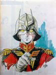  1boy char_aznable gloves gundam helmet highres mask military military_uniform mobile_suit_gundam official_art pointing uniform yasuhiko_yoshikazu 