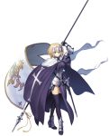  1girl armor armored_dress blonde_hair blue_eyes braid cape capelet dress fate/apocrypha fate/grand_order fate_(series) headpiece long_hair ruler_(fate/apocrypha) single_braid solo spear thigh-highs weapon 