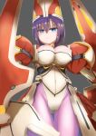  1girl amputee angry blue_eyes bodysuit breasts cleavage female hat kyoukaisenjou_no_horizon large_breasts looking_at_viewer mechanical_arms purple_hair purple_legwear solo tachibana_gin tem+ thigh_gap 