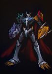  armor bandai cape digimon fangs full_armor horns male_focus no_humans omegamon royal_knights simple_background solo utei_so 