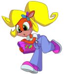  1girl animal blonde_hair coco_bandicoot computer crash_bandicoot furry green_eyes hair_ornament laptop open_mouth overalls pink_shoes shoes 