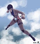  1girl belt black_hair black_shoes boots brown_eyes crest dark_skin dc_comics earrings fighting_stance flying gloves glowing harness jacket jewelry jumpsuit piercing raquel_ervin rocket_(dc) shoes short_hair solo thigh_strap young_justice:_invasion zipper 