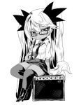  1girl boots character_request dog female full_body furry glasses guitar instrument long_hair monochrome panties shinobe show_by_rock!! simple_background skirt solo twintails underwear white_background 