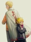  2boys ahoge back-to-back blonde_hair blue_eyes cape crossed_arms father_and_son jacket jewelry kumoko_(supermoichan) looking_back multiple_boys naruto necklace pout simple_background spiky_hair uzumaki_boruto uzumaki_naruto whiskers 