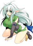  1girl breasts curvy female full_body green_eyes hair_ribbon happy kneeling large_breasts long_hair open_mouth pointy_ears rei_shabu ribbon solo thick_thighs white_hair wide_hips 