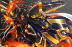  alphamon alphamon_ouryouken armor cape digimon epic fire flames full_armor kyūkyoku_senjin_ouryūken monster no_humans royal_knights seraphwia solo spikes sword weapon wings yellow_eyes 