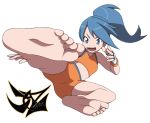  10s barefoot battle_girl_(pokemon) blue_eyes blue_hair feet kicking npc_trainer open_mouth pokemon pokemon_(game) pokemon_oras ponytail soles 