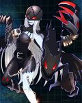  1girl asymmetrical_clothes belt breasts chains claws demon demon_girl digimon elbow_gloves evil female gloves grey_background grey_skin hips ladydevimon large_breasts lips long_hair mask pale_skin red_eyes simple_background skull smile solo thigh_gap thighs torn_clothes very_long_hair white_hair 