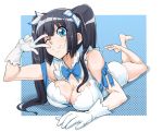  1girl bare_shoulders barefoot black_hair blue_eyes bow bowtie breasts dungeon_ni_deai_wo_motomeru_no_wa_machigatteiru_darou_ka hestia_(danmachi) legs_up lying nisego on_stomach solo twintails v wink 