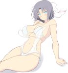  1girl bare_shoulders blue_eyes blush bow breasts cleavage collarbone large_breasts looking_at_viewer navel noeomi senran_kagura senran_kagura_(series) short_hair simple_background solo swimsuit under_boob white_background yumi_(senran_kagura) 