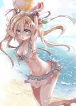  1girl abukuma_(kantai_collection) armpits arms_up backlighting ball bangs beach beachball bikini blonde_hair blue_eyes breasts cleavage collarbone cowboy_shot expressionless flipped_hair frilled_bikini frills hair_between_eyes hair_intakes kantai_collection looking_at_viewer medium_breasts meguri_uguisu navel outdoors outstretched_arms scrunchie shiny short_hair_with_long_locks solo swimsuit tareme water wrist_scrunchie wristband 