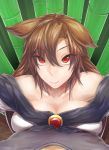  1girl animal_ears bamboo bamboo_forest breast_press breasts brooch brown_hair cleavage dress forest imaizumi_kagerou jewelry large_breasts ldl_(bcw1025) long_sleeves looking_at_viewer nature red_eyes smile solo touhou wide_sleeves wolf_ears 
