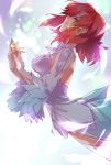  1girl airrabbityan arched_back blue_background breasts closed_eyes dress feathers highres izetta light_particles medium_breasts parted_lips profile redhead short_hair shuumatsu_no_izetta solo white_dress 