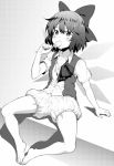  1girl bangs barefoot bloomers bow cirno eating feet feet_together food full_body greyscale hair_bow hiroya_juuren ice_cream looking_at_viewer monochrome shirt short_hair short_sleeves simple_background sitting solo touhou underwear 