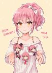  1girl bow hair_bow happy_birthday hat highres hotatehote idolmaster idolmaster_cinderella_girls idolmaster_cinderella_girls_starlight_stage jougasaki_mika long_hair minigirl off-shoulder_sweater pink_hair ponytail side_ponytail smile solo sweater two_side_up yellow_eyes 
