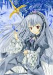  1girl absurdres acrylic_paint_(medium) flower hairband highres long_hair red_eyes rose rozen_maiden silver_hair solo suigintou sword traditional_media weapon wings 