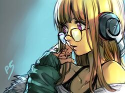  1girl bare_shoulders collarbone glasses hankuri headphones jacket long_hair off_shoulder orange_hair persona persona_5 sakura_futaba solo violet_eyes 