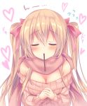  1girl blonde_hair blush bow breasts brown_scarf cleavage closed_eyes flying_sweatdrops food food_in_mouth hair_between_eyes hair_bow hands_clasped heart large_breasts long_hair mouth_hold off-shoulder_sweater original pink_bow pocky pocky_day sidelocks solo sorai_shin&#039;ya sweater twintails upper_body white_background 