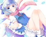  1girl bloomers blue_eyes blue_hair bow cirno hair_bow ice ice_wings looking_at_viewer mashiro_aa neck_ribbon ribbon scarf short_hair snowflakes solo touhou underwear white_background wings 