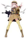  1girl assault_rifle backpack badge bag belt beret bird boots button_badge dmm dove dress green_eyes gun hat highres houriigurei long_hair military military_uniform necktie open_mouth outstretched_arm pink_hair pointing ponytail rifle shooting_girl simple_background smile smiley_face soldier solo swiss_flag thigh-highs uniform weapon white_background zettai_ryouiki 