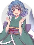  1girl :d asa_(coco) blue_hair blush clenched_hands fish_tail head_fins japanese_clothes kimono long_sleeves looking_at_viewer mermaid monster_girl obi open_mouth ringlets sash short_hair smile solo touhou upper_body violet_eyes wakasagihime wide_sleeves 