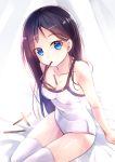  1girl arm_support bed_sheet between_breasts black_hair blue_eyes breasts collarbone eyebrows eyebrows_visible_through_hair food long_hair looking_at_viewer medium_breasts mouth_hold one-piece_swimsuit original pocky shiny shiny_skin sitting solo swimsuit thigh-highs white_legwear white_swimsuit yan_(nicknikg) 
