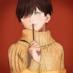  1boy ;3 arm_at_side bangs blue_eyes food fur_trim hana_bell_forest head_tilt holding holding_food long_sleeves looking_at_viewer male_focus original parted_lips pocky red_background simple_background smile solo sweater turtleneck upper_body yellow_sweater 