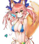  1girl animal_ears bikini blue_bikini blush bow breasts cleavage collarbone fate/extra fate/grand_order fate_(series) food fox_ears fox_tail groin hair_bow heart highres ice large_breasts looking_at_viewer nail_polish navel pink_hair sdsd15708 simple_background solo swimsuit tail tamamo_(fate)_(all) tamamo_no_mae_(swimsuit_lancer)_(fate) white_background yellow_eyes 