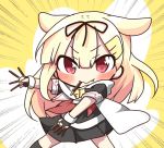  &gt;:&gt; 1girl blonde_hair blush chibi commentary_request cowboy_shot emphasis_lines fang fingerless_gloves food gloves hair_flaps hair_ornament hairclip jako_(jakoo21) kantai_collection long_hair pocky pocky_day pose red_eyes remodel_(kantai_collection) scarf solo two-tone_background white_background yellow_background yuudachi_(kantai_collection) 