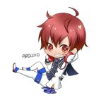  1boy ahoge arsloid bandaid bandaid_on_face character_name chibi full_body grin headphones headphones_around_neck heart heart-shaped_pupils nyaashan red_eyes redhead school_uniform simple_background smile solo symbol-shaped_pupils vocaloid white_background 