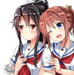  2girls black_hair blue_eyes blush brown_hair eyebrows eyebrows_visible_through_hair gleision_adain high_school_fleet holding_arm long_hair looking_to_the_side misaki_akeno multiple_girls munetani_mashiro neckerchief one_eye_closed open_mouth pleated_skirt ponytail school_uniform serafuku shirt short_hair signature skirt sweat tongue twintails white_background white_shirt yuri 