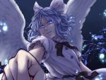  1girl ameya_nihachi angel_wings black_ribbon blue_eyes blue_hair bow bowtie feathered_wings foreshortening hair_ribbon half_updo looking_at_viewer mai_(touhou) open_mouth outstretched_arm parted_lips ribbon short_hair short_sleeves smile solo touhou touhou_(pc-98) white_wings wings 