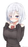  1girl bare_shoulders between_breasts black_sweater blue_bra blue_eyes blush bra breasts collarbone eyebrows eyebrows_visible_through_hair food hair_ornament hairclip hamakaze_(kantai_collection) highres kantai_collection large_breasts long_sleeves looking_at_viewer pinoaisu pocky ribbed_sweater shiny shiny_hair short_hair silver_hair simple_background sleeves_past_wrists solo sweater twitter_username underwear upper_body white_background 