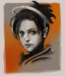  1girl artist_name greyscale high_ponytail lips looking_at_viewer mechanical_halo mercy_(overwatch) monochrome nose overwatch partially_colored portrait realistic signature solo superschool48 