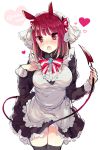  1girl animal_ears apron between_legs black_legwear blush bow bowtie breasts demon_tail hair_ribbon hairband heart holding_tail large_breasts looking_at_viewer maid open_mouth original red_eyes redhead ribbon short_hair simple_background solo standing tail tanuma_(tyny) thigh-highs twitter_username veil waist_apron white_background 