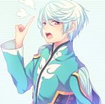  1boy angry blue_background chi_yu eyebrows eyebrows_visible_through_hair hand_on_hip index_finger_raised male_focus mikleo_(tales) patterned_background solo striped striped_background tales_of_(series) tales_of_zestiria upper_body violet_eyes white_hair 