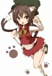  1girl :d animal_ears bangs blush brown_eyes brown_hair cat_ears cat_paws cat_tail chen frilled_skirt frills hair_between_eyes hat jewelry kihuzinz long_sleeves long_tail looking_at_viewer mary_janes midriff mob_cap multiple_tails navel open_mouth paw_pose paws pleated_skirt red_skirt red_vest shoes short_hair simple_background single_earring sketch skirt smile socks solo standing standing_on_one_leg tail touhou tsurime two_tails vest white_background 