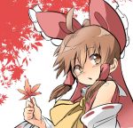  1girl autumn_leaves bare_shoulders bow brown_eyes brown_hair detached_sleeves hair_bow hair_tubes hakurei_reimu holding leaf looking_at_viewer open_mouth red_bow ribbon-trimmed_sleeves ribbon_trim solo touhou upper_body usagi_(touhopu2) 