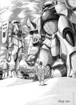  1boy artist_name desert gouf gundam helmet magella_attack mecha mobile_suit_gundam monochrome outdoors pilot_suit saeki_shouji vehicle walking zaku zaku_ii 