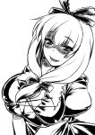  1girl bow breasts cleavage dress front_ponytail hair_bow kagiyama_hina large_breasts long_hair looking_at_viewer monochrome namidame parted_lips shaded_face smile solo touhou upper_body v_arms 